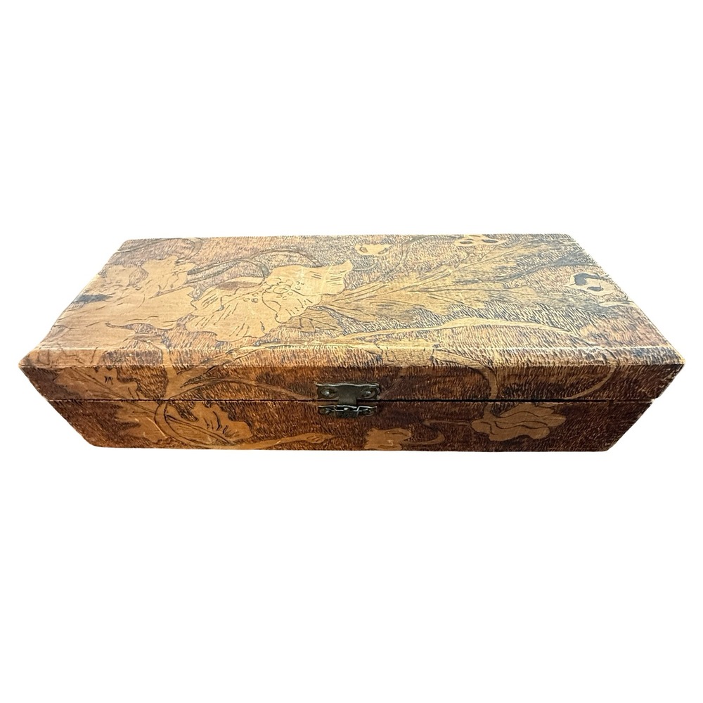 Antique Wood Burned Glove Box Floral Pyrography Monogram RAH Keepsake Chest
